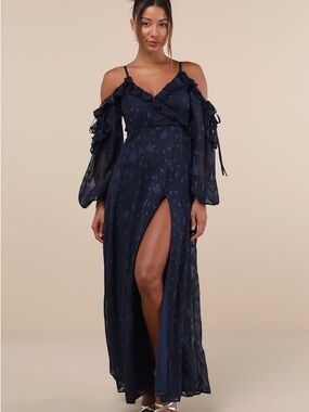 Lulu's Navy Cold-Shoulder Maxi Dress with High Slit
